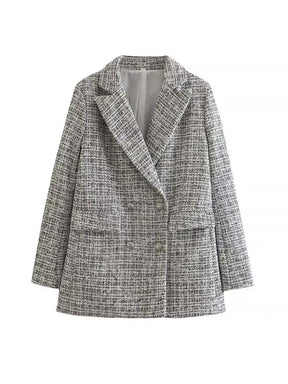 Women Tweed Blazer Vintage Office Lady Casual Jacket Coat Double Breasted Spring Autumn Outerwear Female Chic Tops