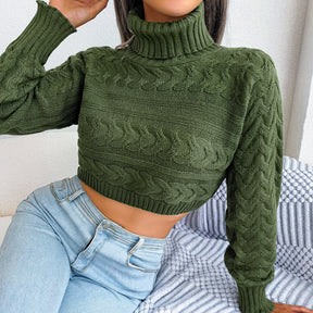 Casual Twist Long Sleeve Turtleneck Crop Knit Sweater For Ladies Fashion All Match Tops