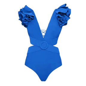 Fashion Solid Color V-neck Cross Tie Swimsuit Ruffled Backless One-piece Bikini Sexy Elastic Waist Beach