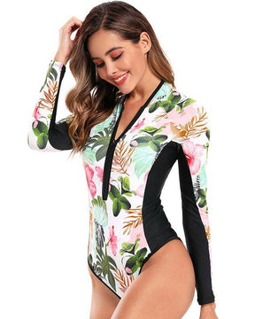 Women Bathing Suit Fashion Print Long Sleeve Zipper Wetsuit One Piece Swimsuit Summer Holiday Beachwear Female Bikini Surf Wear