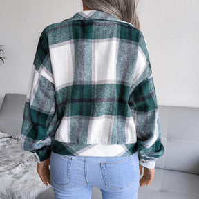 Women Fashion Fall Winter Plaid Lantern Long Sleeve Woolen Jacket For Ladeis Single Breasted Loose Chic Short Tops