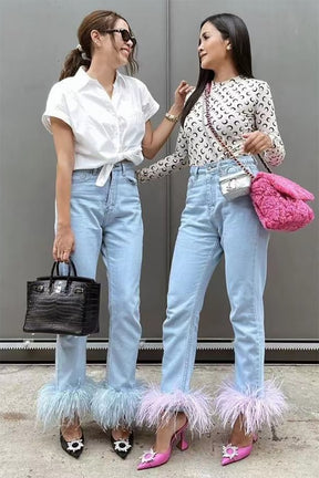 Feather Tassel Stitching High-Waist Blue Jeans Women  New Cotton Stretch Straight Cropped Denim Pants Street
