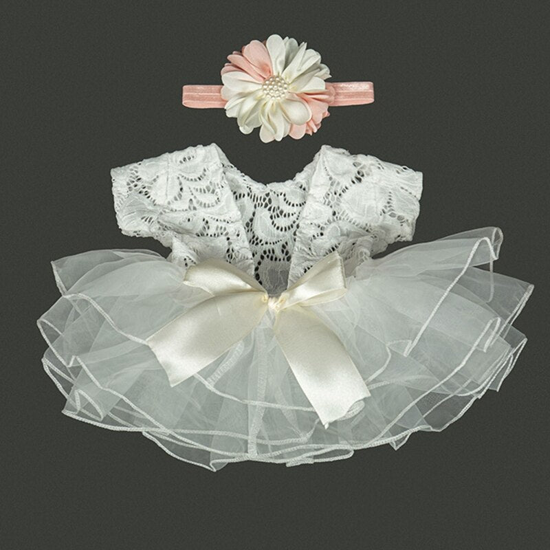 Baby Photography Props Outfit Lace Bowknot Skirt with Flower Headband for Newborn Infant Girls Photo Taking Accessories