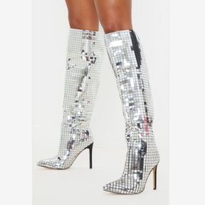 Diamond Zippered Women Boots Leather Thigh Boots Rivet Sequins Knee High Boots