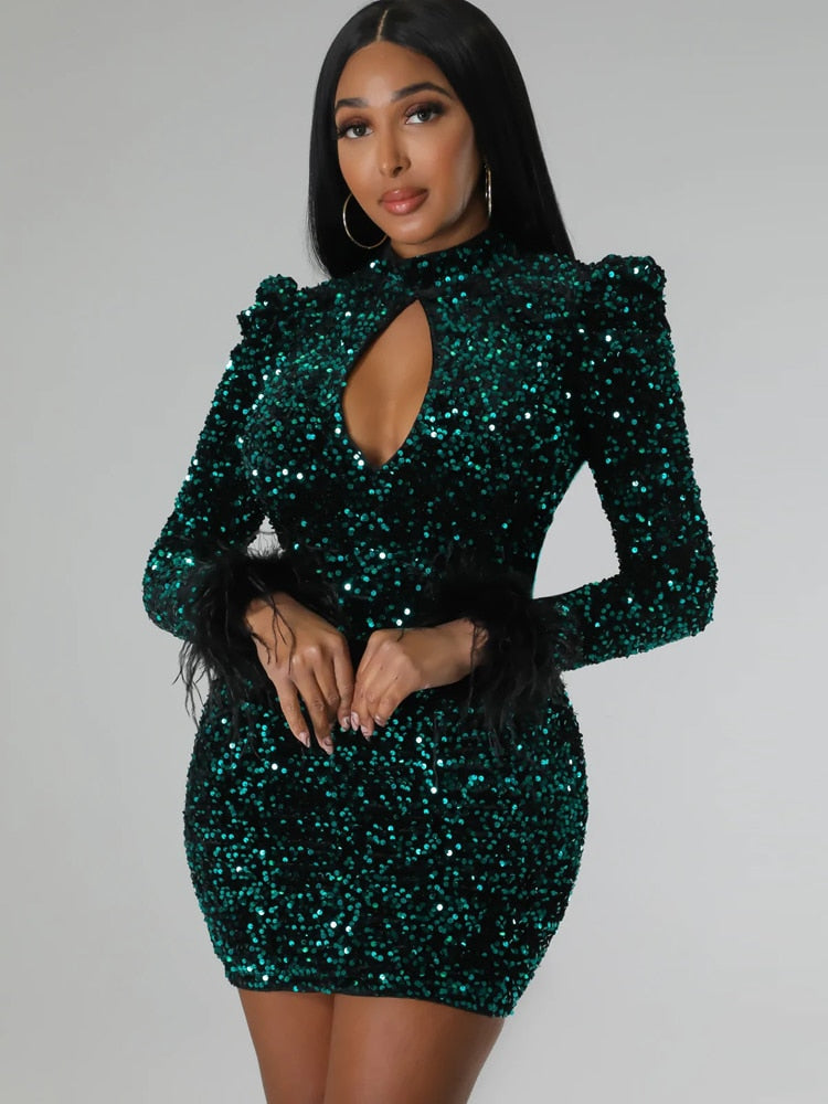 Sexy Green Sequined Feather Details Long Sleeve Mini Dress Autumn Women Backless Cut Out Bodycon Clubwear Dress