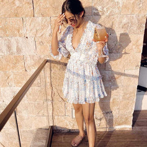 BOHO INSPIRED Harlow Floral Print Ruffle Dress women backless V-neck dress women mini summer dress