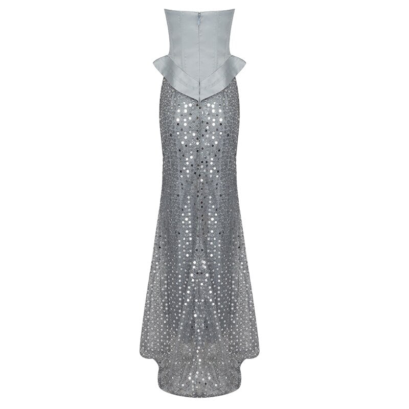 Women Robe Maxi Dress Silver Sequins Design Sexy Strapless Elegant Party Vestido