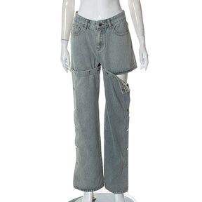 Fashion New Design Button Patchwork Jeans Women Hight Waist Wide Leg Denim Pants Street Party Clubwear