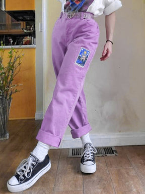 Cartoon Pattern Women's Pants High Waist Vintage Straight Trousers For Ladies casual Streetwear Pants Light