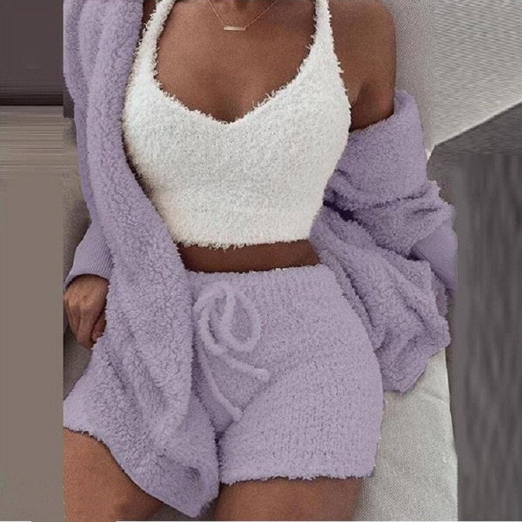 Matching Set Sexy Fluffy Plush Hooded Shorts+Crop Top+Coat 3 Pieces Suit Woman