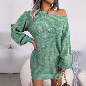 Women Casual One Line Neck Off The Shoulder Colorful Lantern Sleeve Knitted Sweater Dress