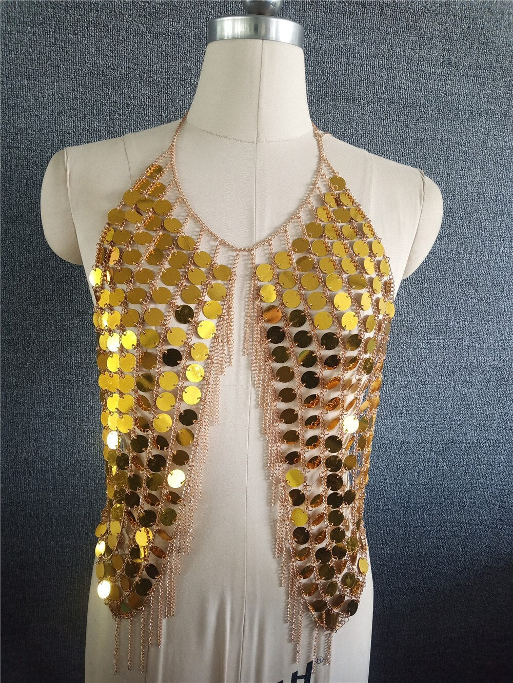 Bling Sequined Crop Tops Sexy Magnificent Metal Sequins Tassel Harness Punk Necklace Bra Chain Dance Wear Tank Top