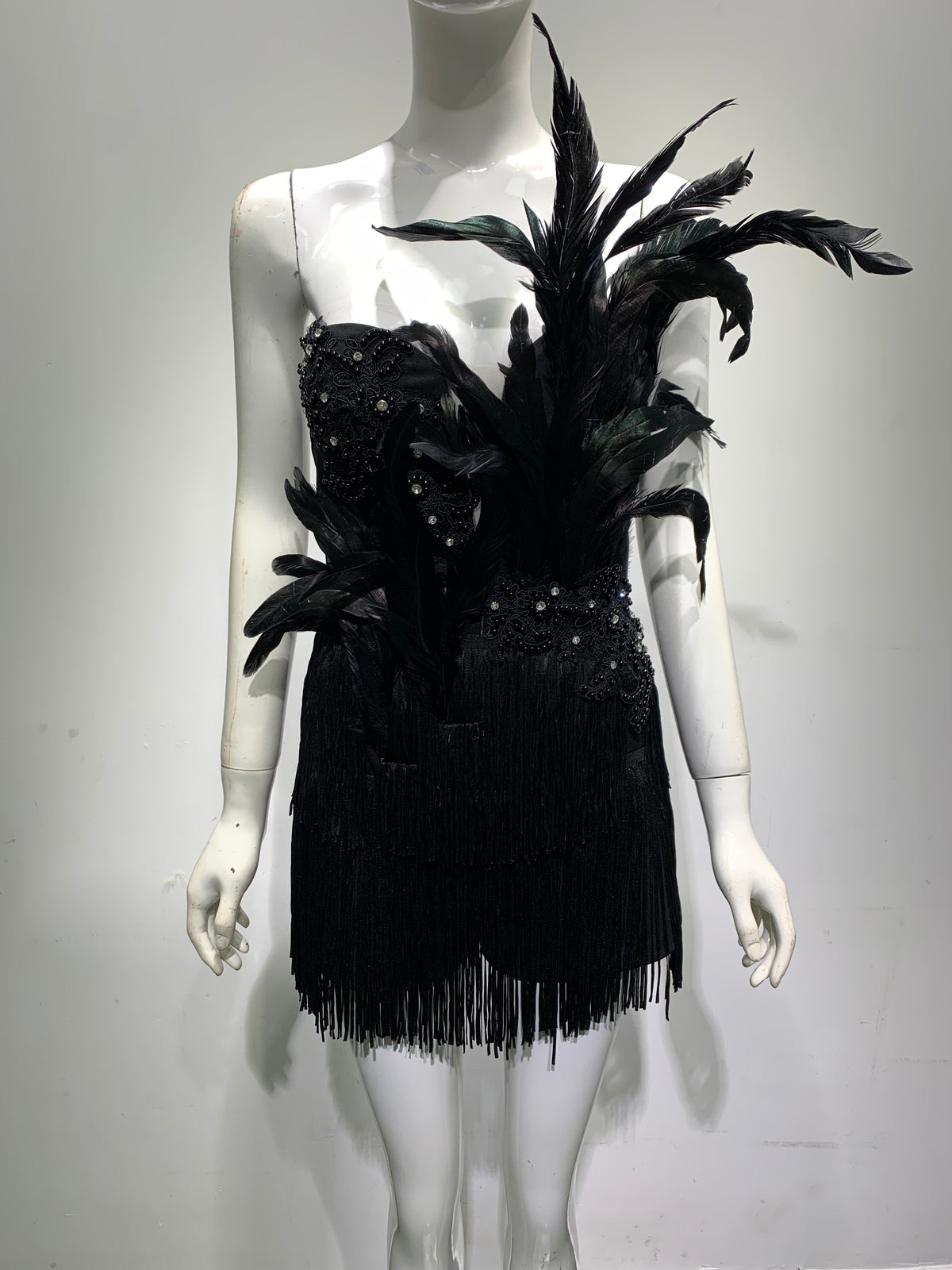 Women Summer Sexy Strapless Backless Tassel Beading Feather Black Mini Bodycon Dress 2023 Elegant Evening Party Club Dress