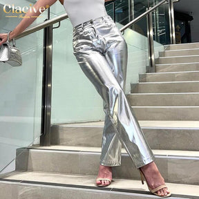 Fashion Slim Sliver Women'S Pants Bodycon High Waist Straight Trousers Streetwear Vintage Reflective Female Clothes