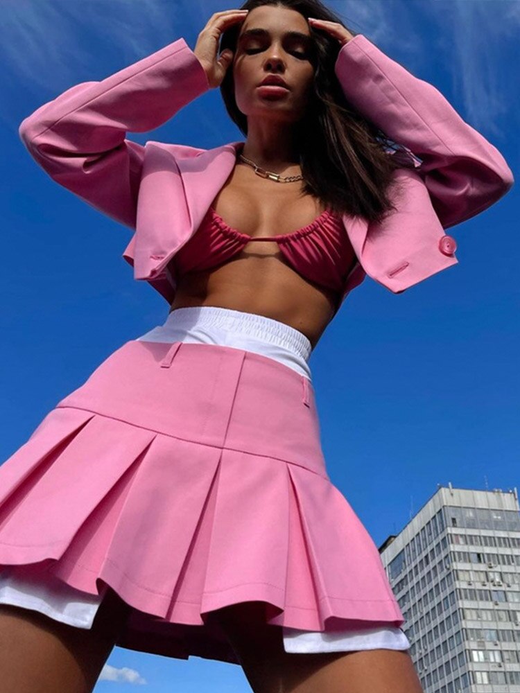 Elegant Sweet Preppy Style Blazer+Pleated Skirt Matching Set Two Piece Sets 2022 Autumn Sexy Cropped Blazer Suits Casual