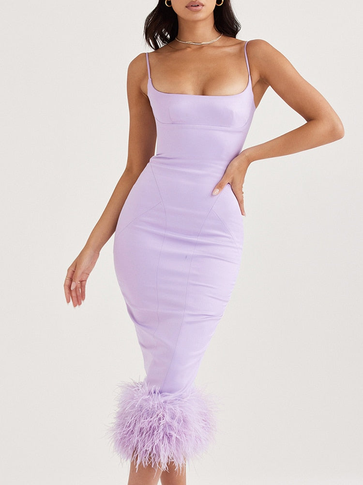 Sexy Sleeveless Spaghetti Strap Dress Women New Summer Chic Feathers Design Satin Slip Bodycon Dress Vestido