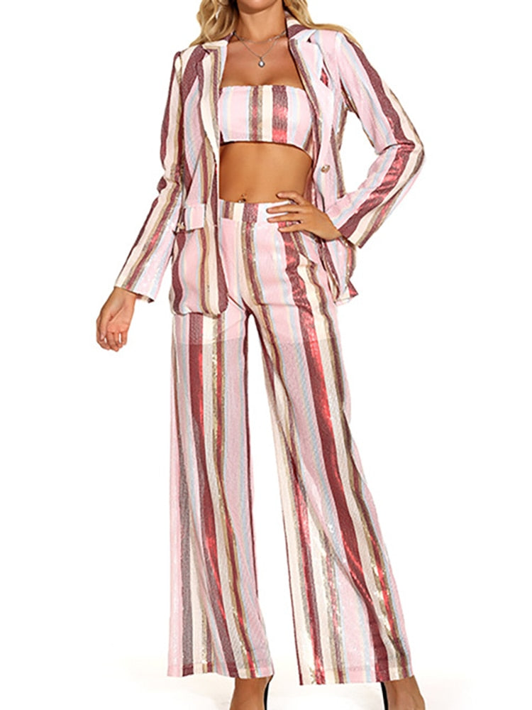 Fashion Women 3 Pcs Set Striped Single Breasted Blazer Bra Elastic Waist Wide Leg Long Pants Suits