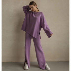 Women Knitted Pants Sets Lilac Casual Loose Two Piece Sweater Sets 2022 Autumn Winter Sweater Pullover and Wide Leg Pants Suits