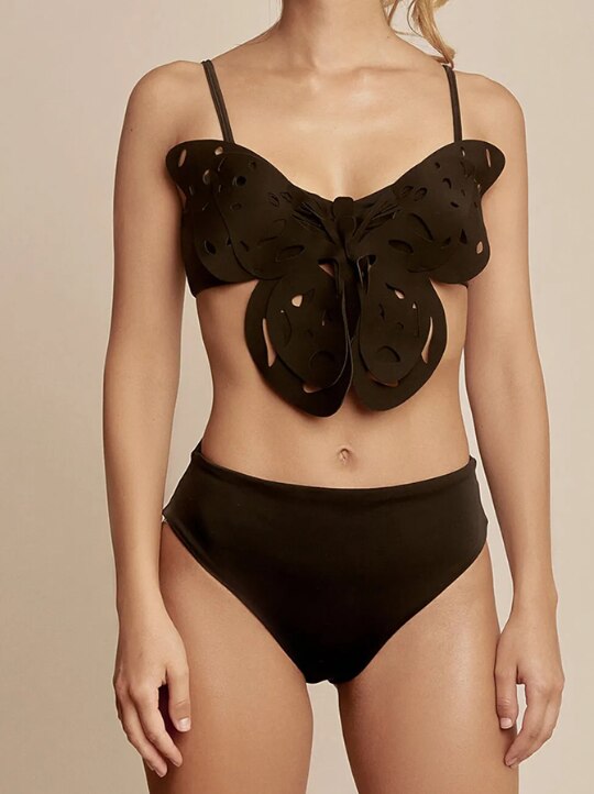 Sexy Solid Bikini Set Three-dimensional Butterfly Top High Waist Swimwear Designer Swimsuit Split-joint Women Holiday Beachwear