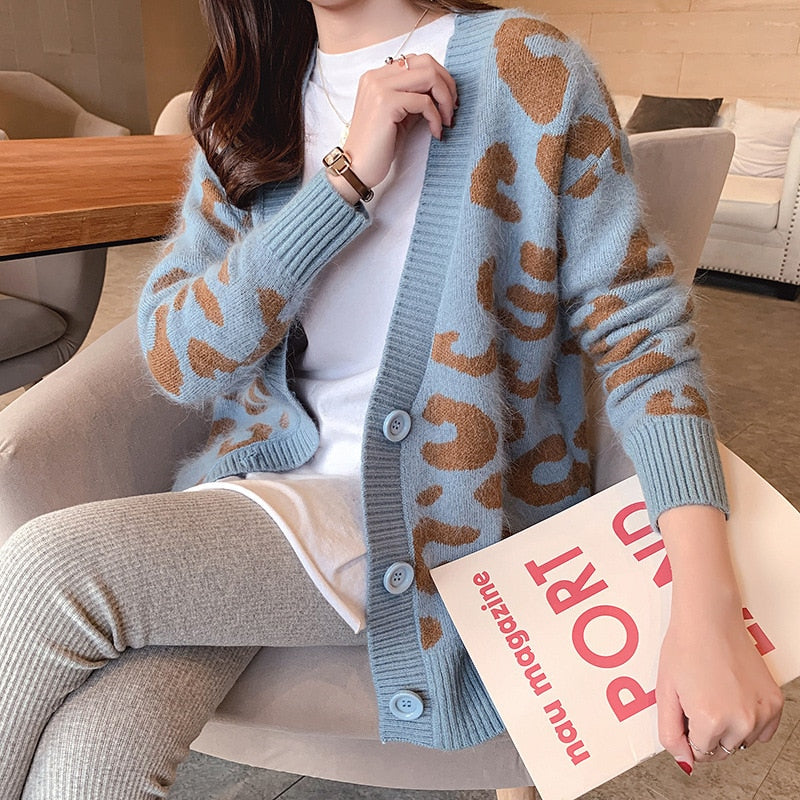 Women Casual Knitted Leopard Sweaters Female V Neck Thick Print Cardigan Coat Loose Button Outwear Tops Autumn Winter