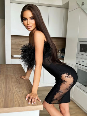 VC Sexy Off Shoulder Feather Bodycon Lace Black Elegant Celebrity Evening Party Midi Bandage Dress Vestidos