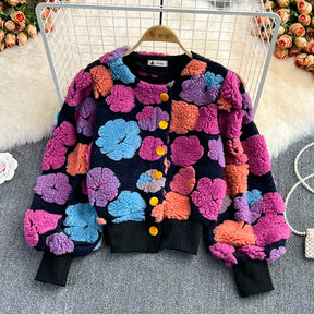 GetSpring Women Woolen Coat Retro Plush Flowers Patchwork new outfits Wool Jacket All Match Short Outwear winter coat for women