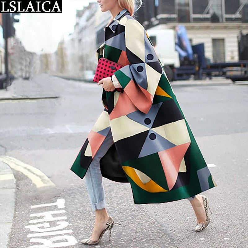 Casual Lapel Trench Coat For Women Autumn Winter Fashion Print Loose Warm Long coat High Street Style Ladies Overcoats