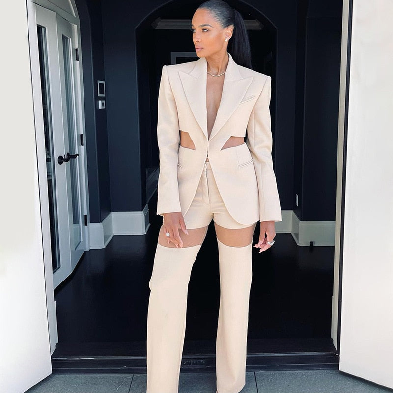 Pants Blazer Suits Mesh Hollow Out Backless Jacket +straight Pants Khaki Fashion Party Sexy Two Piece Sets Women High Quality