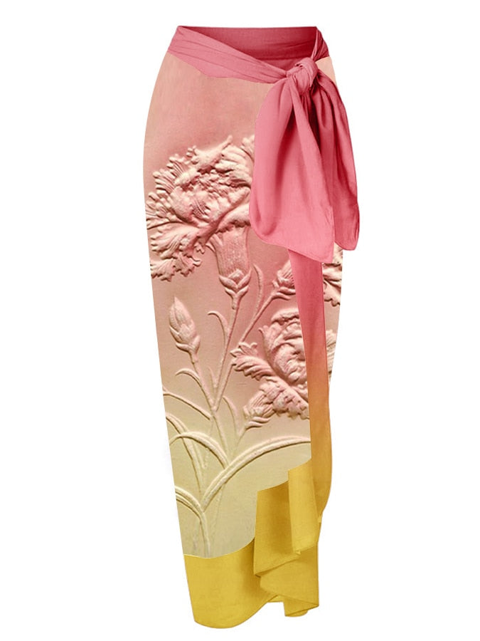 Vintage Floral Design Gradient Swimsuit Set Bow Tie Square Neck Slim Bikini High Waist One Piece Swimwear Summer