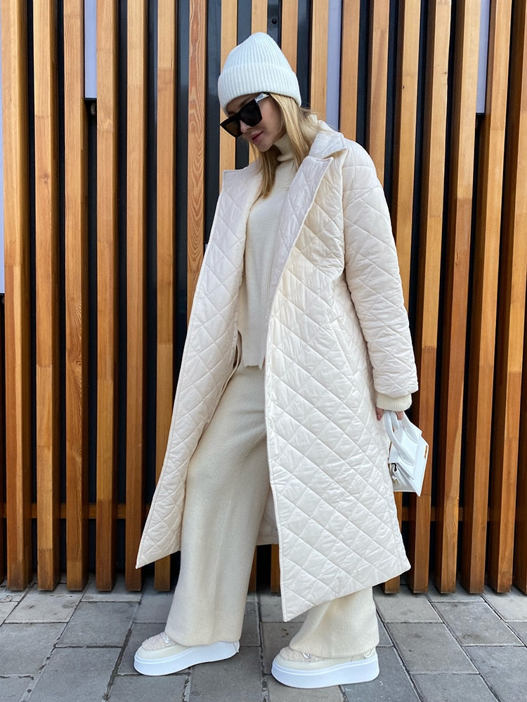 Winter Woman Coat Long Straight Rhombus Pattern Parkas Green Casual Sashes Windproof Warm Thick Coat Elegant Female Outwear
