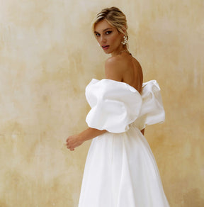 Elegant Satin Wedding Dress Short Puff Sleeves 2022 Simple Plain White Bridal Gown A-Line Side Slit Sweep Train Vestido de Novia