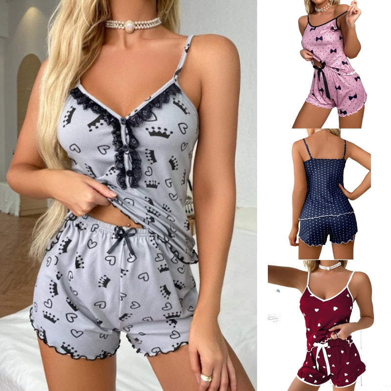 European and American Foreign Trade Women Ice Silk Summer Homewear with Braces Suit Soft Draping Cute Printed Pajamas Wholesale