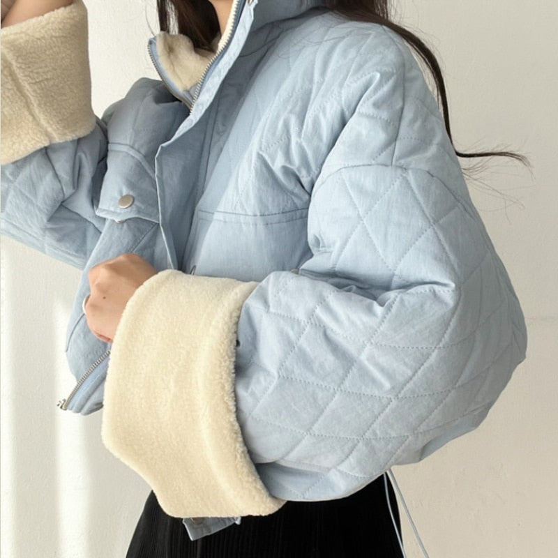 Blue Fashion Diamond Warm Jacket Patchwork Lamb Wool Baggy Straight Coat Vintage Casual Female Puffer Comfortable Outwear Winter