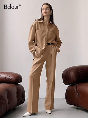 Bclout Winter Long Pants 2 Piece Sets Womens Outfits Elegant Khaki Long Sleeve Loose Blazer Office Lady Pleated Pants Suits 2022