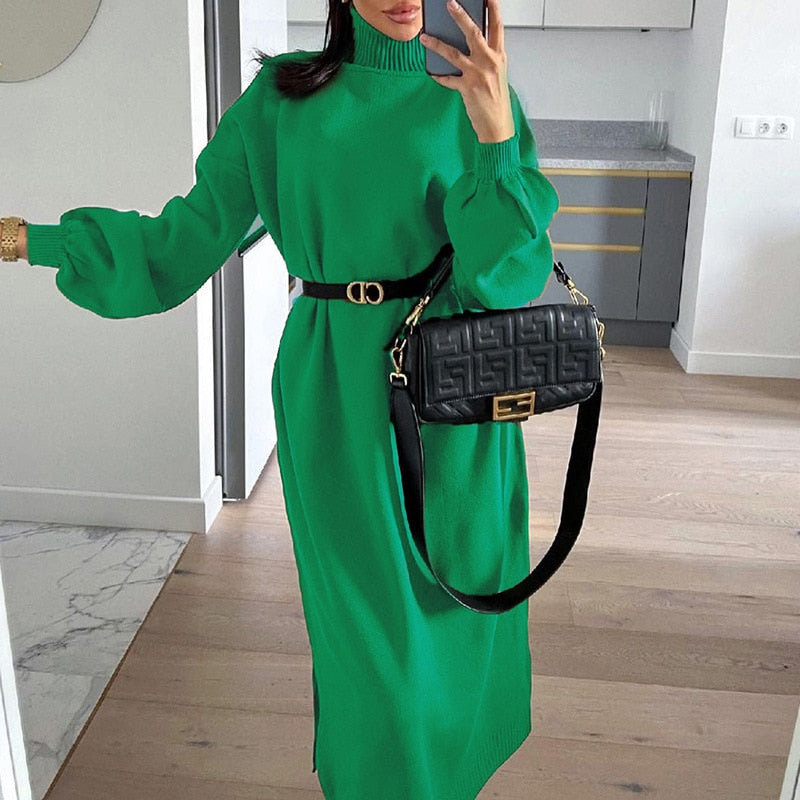 Turtleneck Dress Elegant Green Knitted Long Sleeve Sweater Dress Lady Casual Loose Christmas Clothes