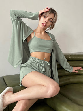 Linad Knitted 3 Piece Set Women&#39;s Home Suit Sexy Spaghetti Strap Suits With Shorts Drawstring Shorts Pajamas For Women Nightwear