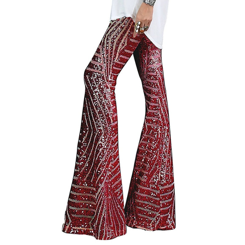 Woman Sequin Trousers Women Sequined Wide Leg Pants Female High Waist Flared Pant Disco Dance Lady Long Pant