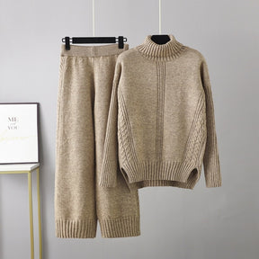 Loose Two Piece Sweater Sets Women Autumn Winter Knitted Tracksuits Turtleneck Sweater + Wide Leg Pant 2 Piece Outfit