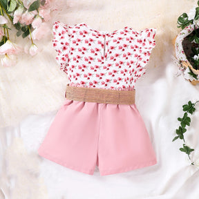 New Summer Children Clothes Girl Set Flower Pattern Flying Sleeve Top+Shorts