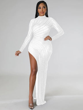 Sexy Black Mesh Crystal High Split Irregular Maxi Dress New Women Long Sleeve Bodycon Night Clubwear Long Dress