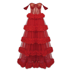Red Wedding Dress Women  Luxury Cascading Ruffles Design Lace Cake Long Dress For Bride Vestido