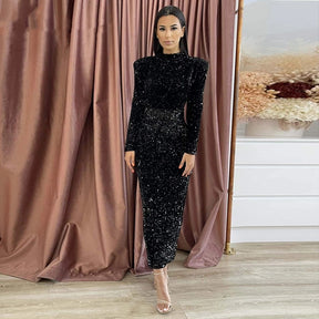 Modest Black Sequins Prom Dresses Short Formal Evening Gowns Long Sleeves High Neck Ankle Length Night Party Women Outfits Robe