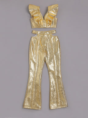 Sexy V-Neck Ruffle top Cut out Pants Two Piece Set Women Gold Leather Pants Short Vest Bodycon Suit Party Club Set