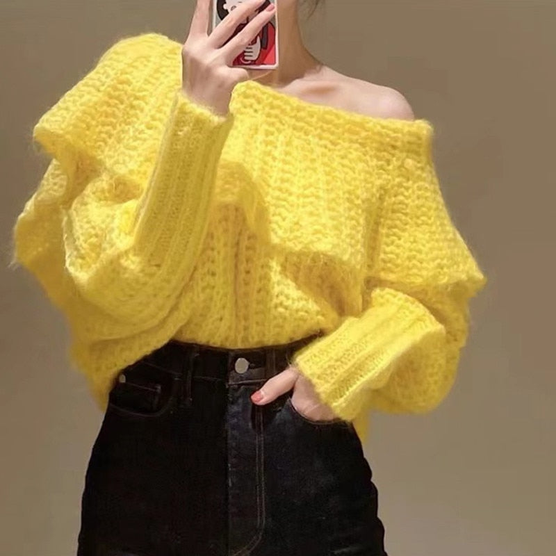 Fashion Chic Spring Women Sweaters New Yellow Knitted Slash Neck Ruffles Back Lace Up Loose Pullovers Female