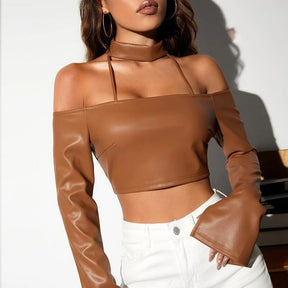 Women Sexy Faux Leather Choker Split Long Sleeve Slim Off Shoulder Short Crop Tops T Shirt Female Clothing Streetwear
