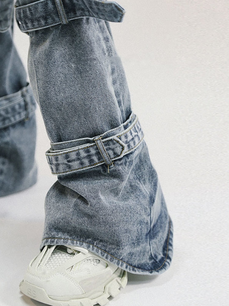 Cotton Jeans Patchwork Strap Leg Cover Splicing Washed Blue Denim Pants Spring 2023 Trend New 17A5655