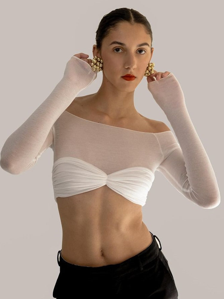 See Through Mesh Crop Top Women Pullovers Strapless Short Knit Cropped