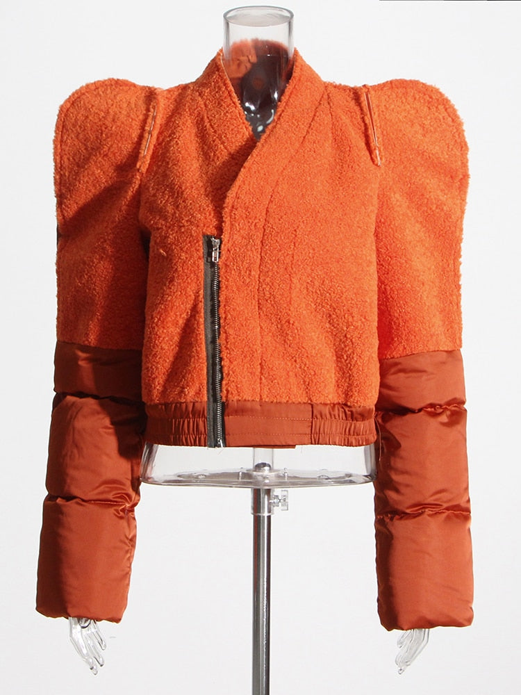 Vintage Coat For Women V Neck Long Sleeve Patchwork LambsWool Down Jacket Female Fashion Clothing New