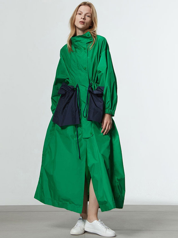 Lautaro Spring Autumn Extra Long Oversized Green Trench Coat for Women with Big Pockets Drawstring Luxury Designer Fashion