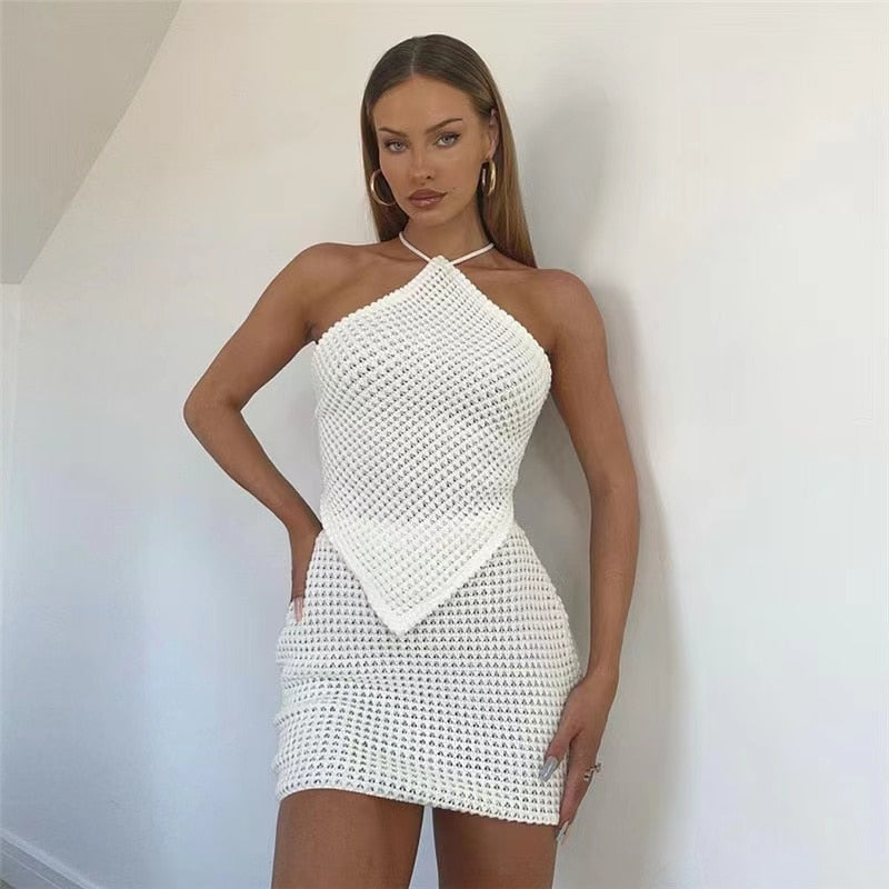 New Sexy Knit 2 Two Piece Sets Women Diamond Lace Top Skinny Elastic Force Mini Skirts Suits